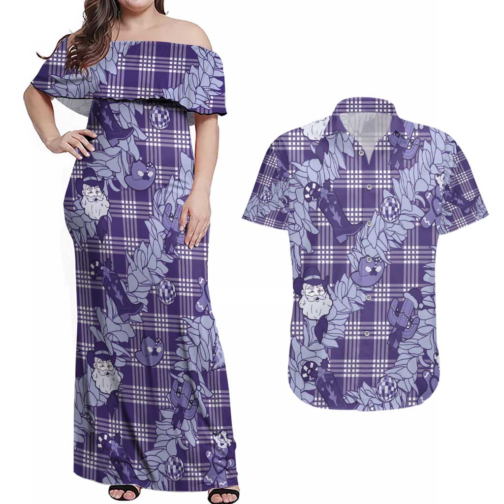 Purple Palaka Hawaii Cowboy Christmas Couples Matching Off Shoulder Maxi Dress and Hawaiian Shirt Paniolo Mix Maile Lei - Polynesian Pride