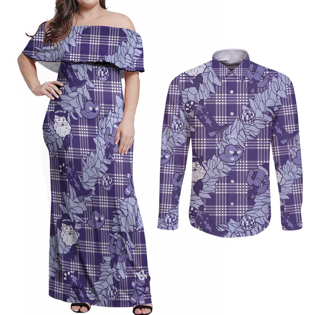 Purple Palaka Hawaii Cowboy Christmas Couples Matching Off Shoulder Maxi Dress and Long Sleeve Button Shirt Paniolo Mix Maile Lei - Polynesian Pride