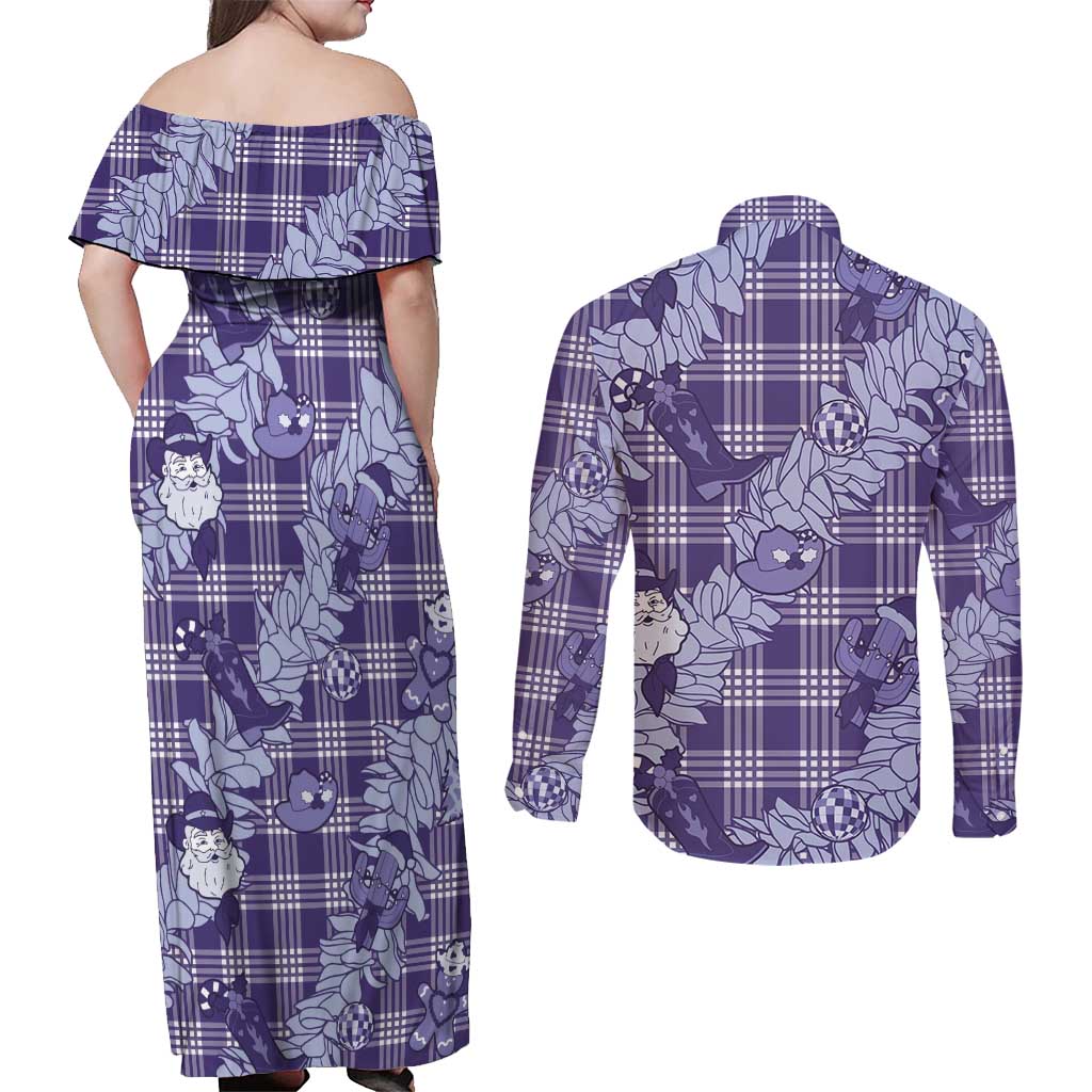 Purple Palaka Hawaii Cowboy Christmas Couples Matching Off Shoulder Maxi Dress and Long Sleeve Button Shirt Paniolo Mix Maile Lei - Polynesian Pride