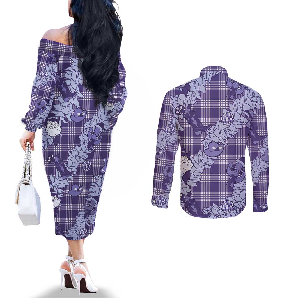 Purple Palaka Hawaii Cowboy Christmas Couples Matching Off The Shoulder Long Sleeve Dress and Long Sleeve Button Shirt Paniolo Mix Maile Lei - Polynesian Pride
