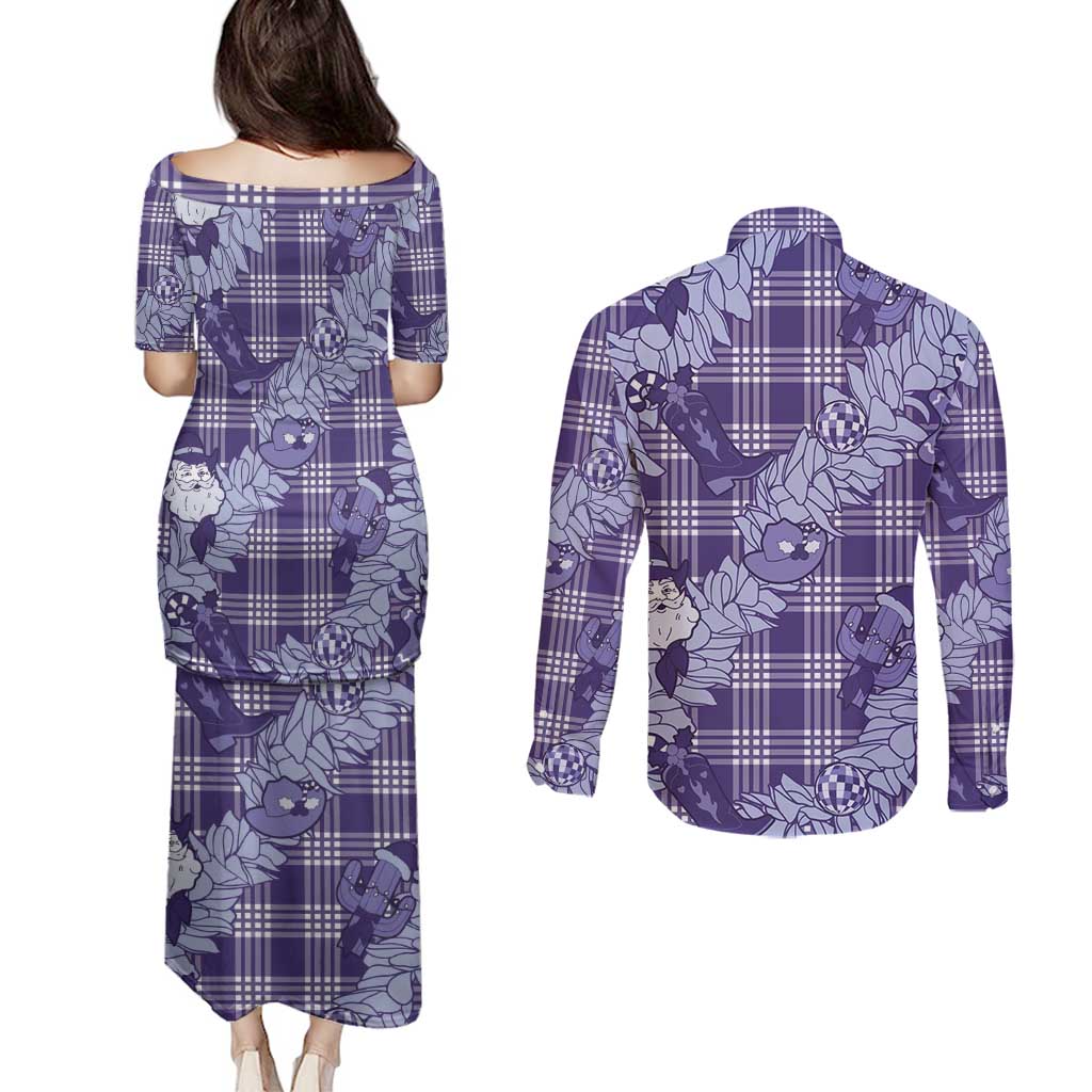 Purple Palaka Hawaii Cowboy Christmas Couples Matching Puletasi and Long Sleeve Button Shirt Paniolo Mix Maile Lei - Polynesian Pride