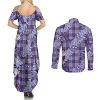 Purple Palaka Hawaii Cowboy Christmas Couples Matching Summer Maxi Dress and Long Sleeve Button Shirt Paniolo Mix Maile Lei - Polynesian Pride