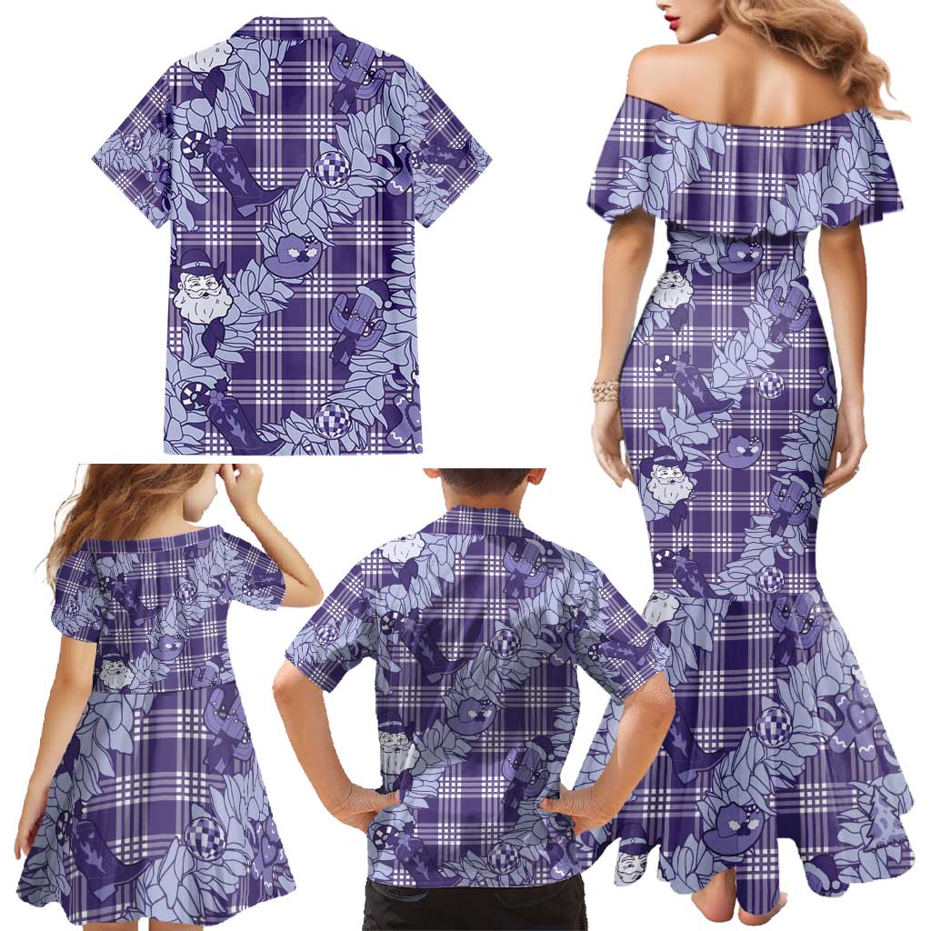 Purple Palaka Hawaii Cowboy Christmas Family Matching Mermaid Dress and Hawaiian Shirt Paniolo Mix Maile Lei - Polynesian Pride