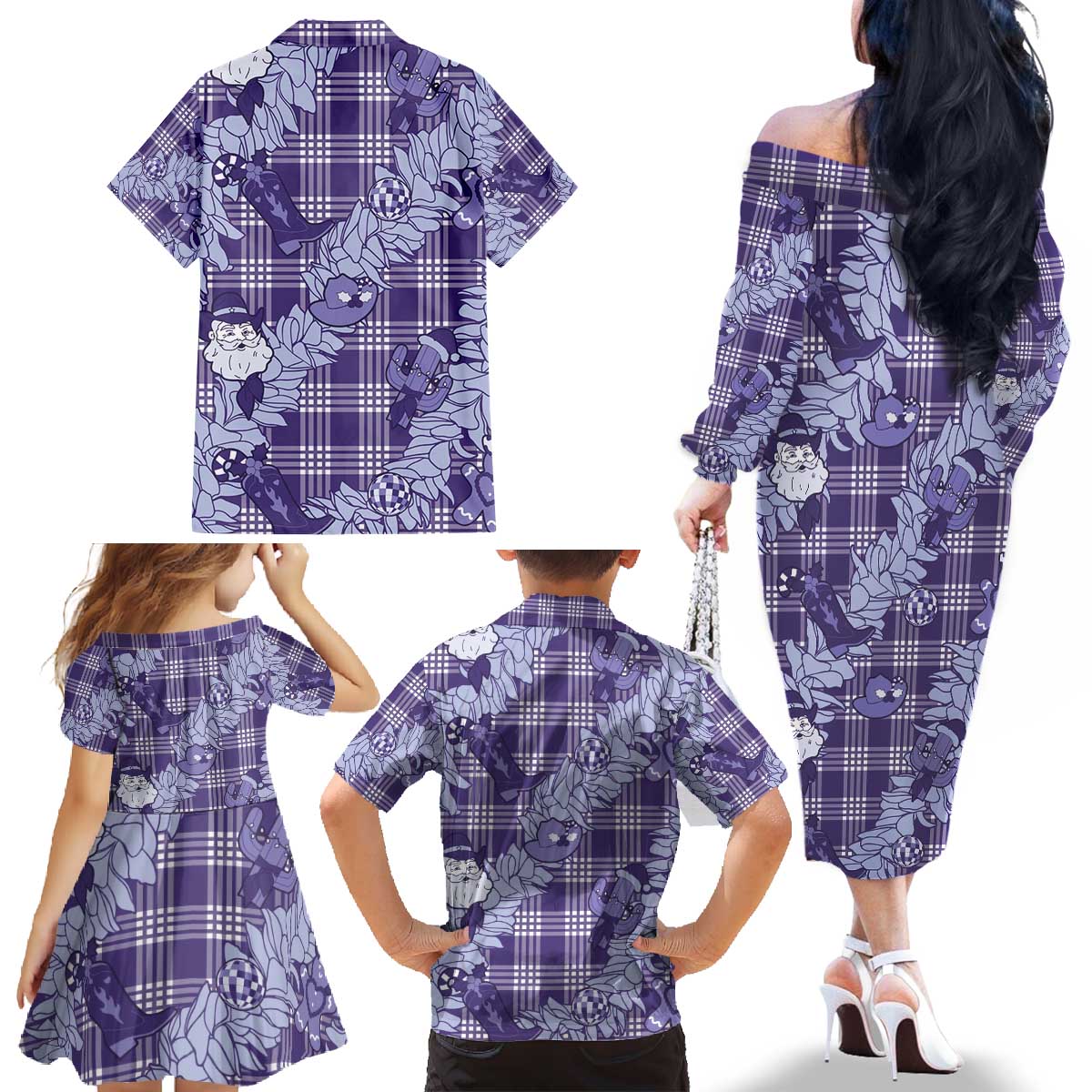 Purple Palaka Hawaii Cowboy Christmas Family Matching Off The Shoulder Long Sleeve Dress and Hawaiian Shirt Paniolo Mix Maile Lei - Polynesian Pride