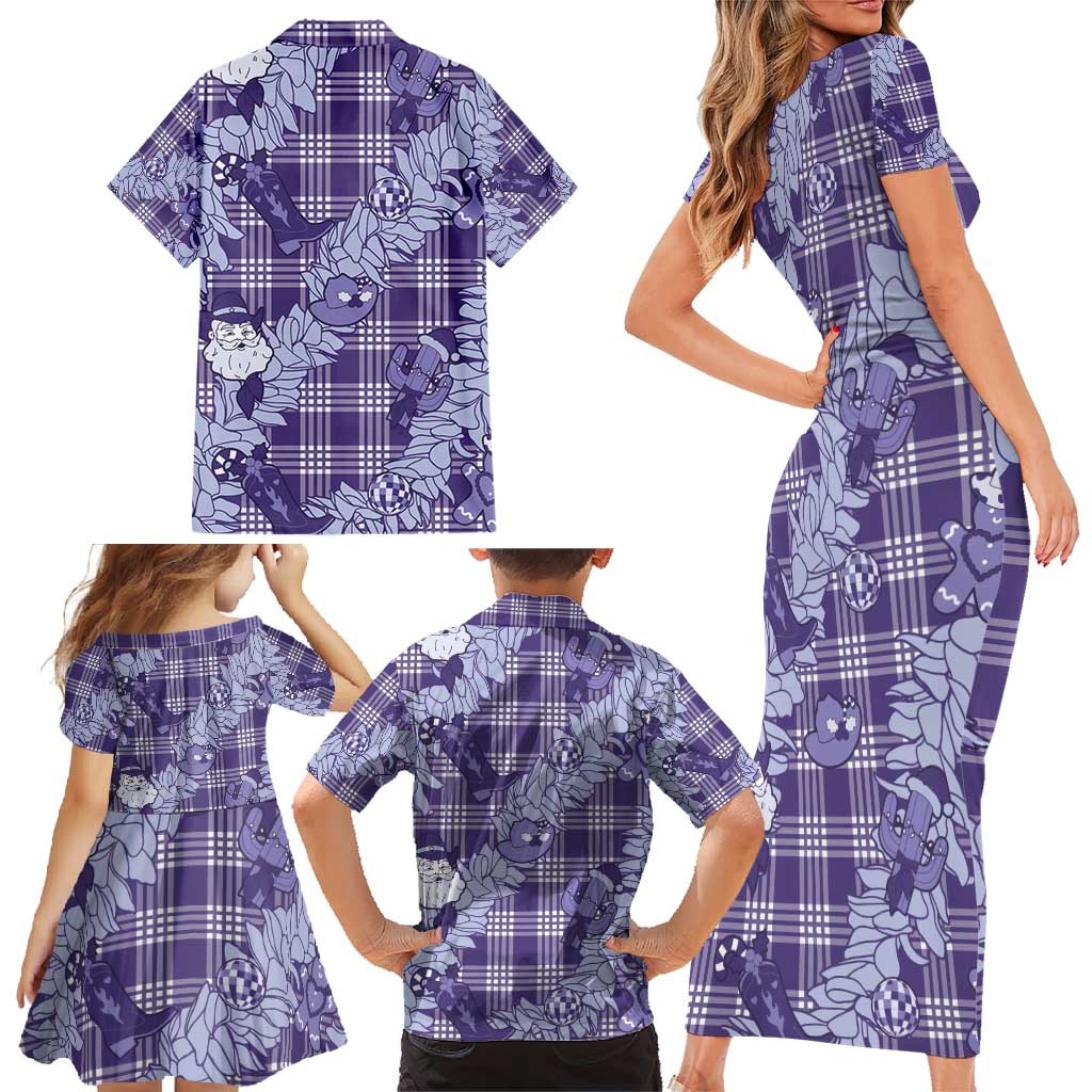 Purple Palaka Hawaii Cowboy Christmas Family Matching Short Sleeve Bodycon Dress and Hawaiian Shirt Paniolo Mix Maile Lei - Polynesian Pride
