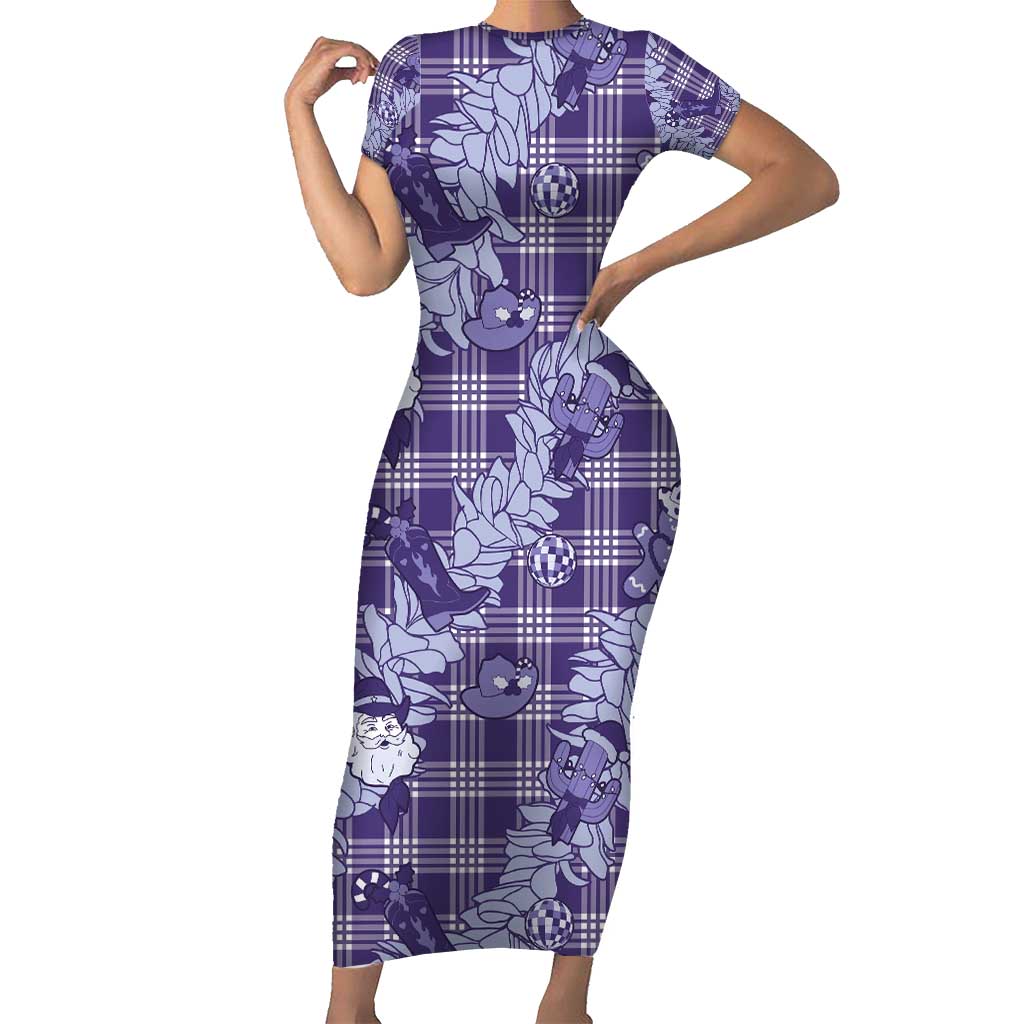 Purple Palaka Hawaii Cowboy Christmas Family Matching Short Sleeve Bodycon Dress and Hawaiian Shirt Paniolo Mix Maile Lei - Polynesian Pride