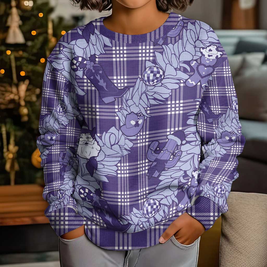 Purple Palaka Hawaii Cowboy Christmas Kid Ugly Christmas Sweater Paniolo Mix Maile Lei - Polynesian Pride
