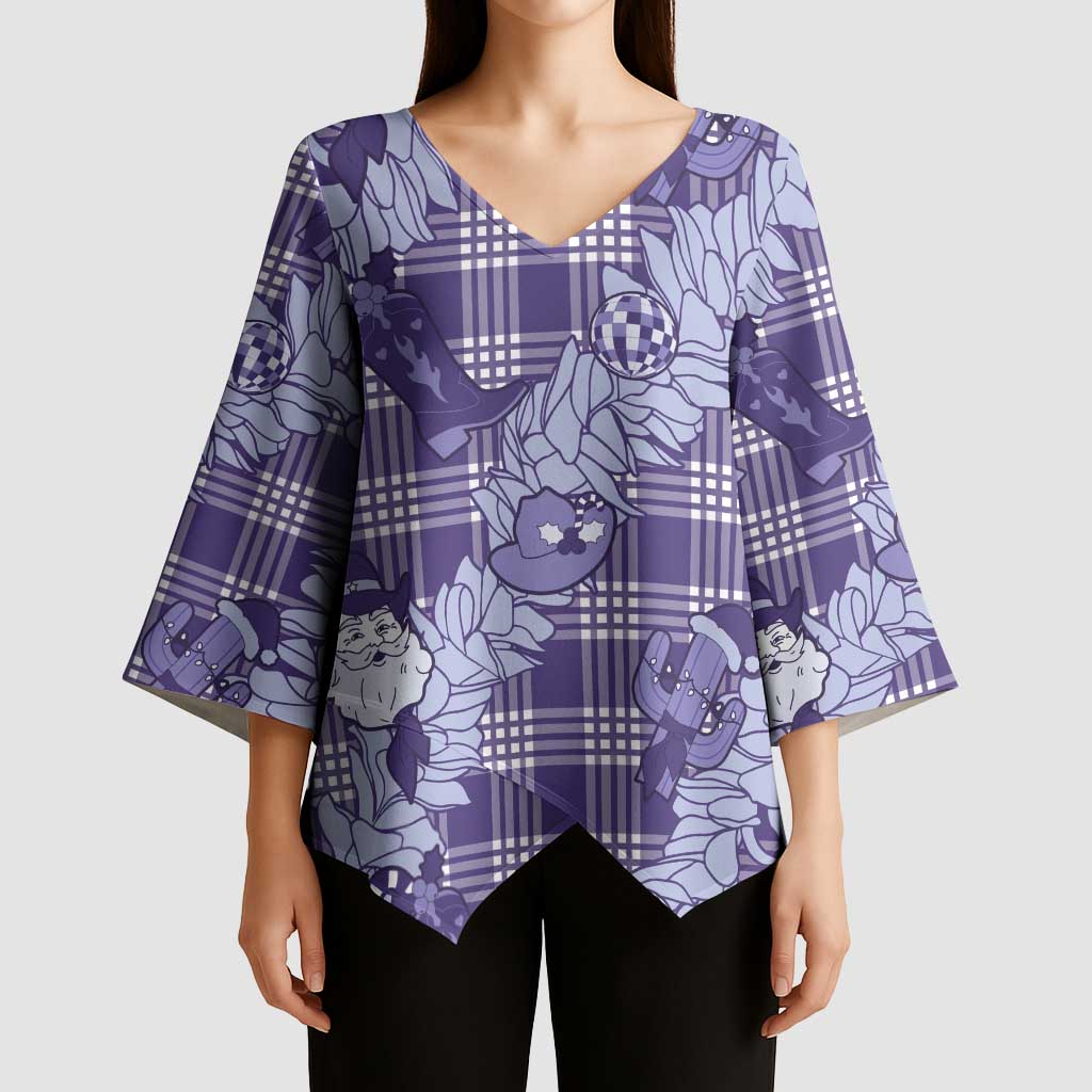 Purple Palaka Hawaii Cowboy Christmas Kimono Sleeve Blouse Paniolo Mix Maile Lei - Polynesian Pride