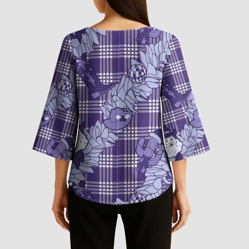 Purple Palaka Hawaii Cowboy Christmas Kimono Sleeve Blouse Paniolo Mix Maile Lei - Polynesian Pride