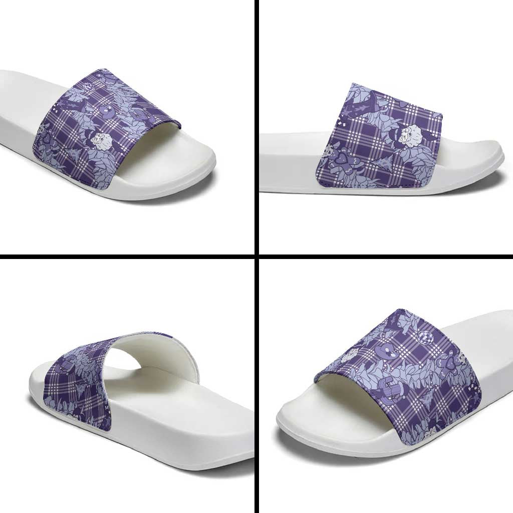 Purple Palaka Hawaii Cowboy Christmas Slide Sandals Paniolo Mix Maile Lei - Polynesian Pride