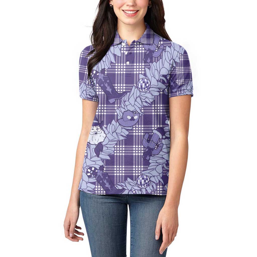 Purple Palaka Hawaii Cowboy Christmas Women Polo Shirt Paniolo Mix Maile Lei - Polynesian Pride