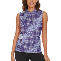 Purple Palaka Hawaii Cowboy Christmas Women Sleeveless Polo Shirt Paniolo Mix Maile Lei - Polynesian Pride