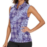 Purple Palaka Hawaii Cowboy Christmas Women Sleeveless Polo Shirt Paniolo Mix Maile Lei - Polynesian Pride
