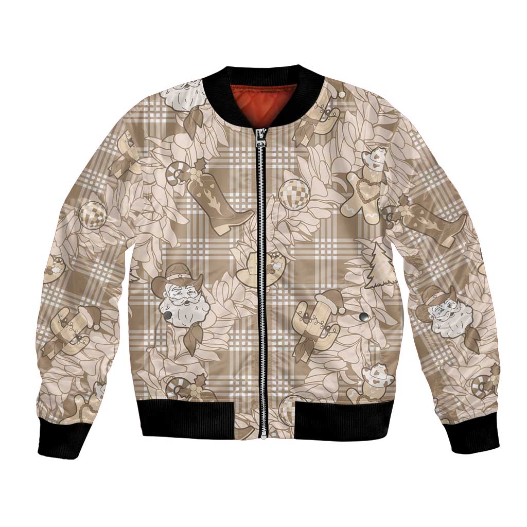 Khaki Palaka Hawaii Cowboy Christmas Bomber Jacket Paniolo Mix Maile Lei - Polynesian Pride