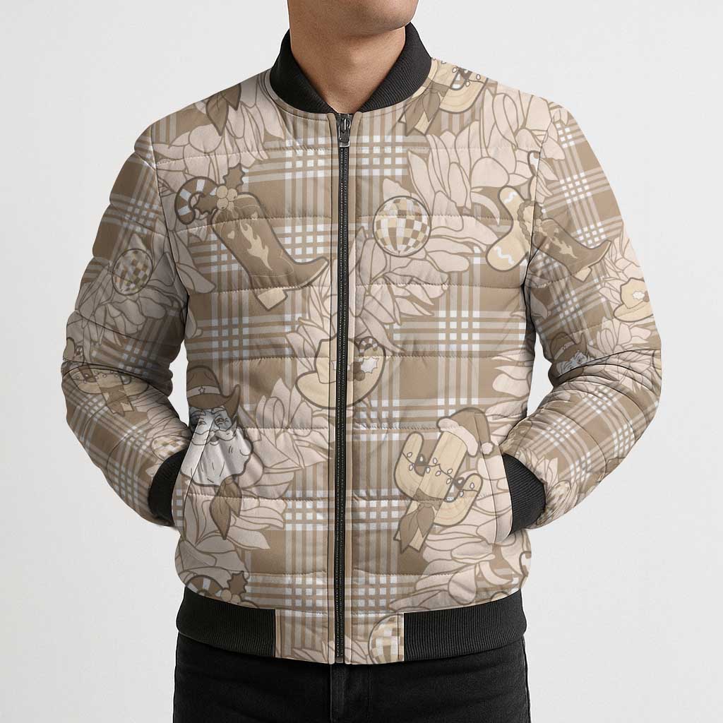 Khaki Palaka Hawaii Cowboy Christmas Bomber Puffer Jacket Paniolo Mix Maile Lei - Polynesian Pride