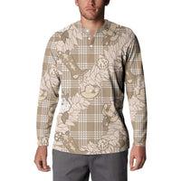 Khaki Palaka Hawaii Cowboy Christmas Button Sweatshirt Paniolo Mix Maile Lei - Polynesian Pride