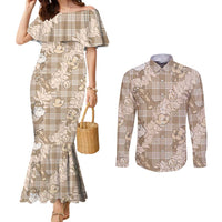 Khaki Palaka Hawaii Cowboy Christmas Couples Matching Mermaid Dress and Long Sleeve Button Shirt Paniolo Mix Maile Lei - Polynesian Pride