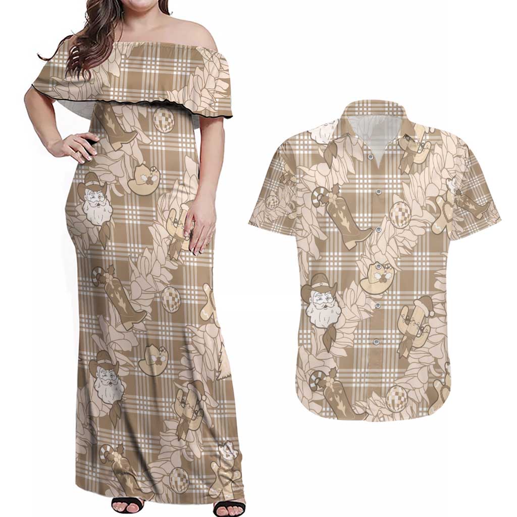 Khaki Palaka Hawaii Cowboy Christmas Couples Matching Off Shoulder Maxi Dress and Hawaiian Shirt Paniolo Mix Maile Lei - Polynesian Pride