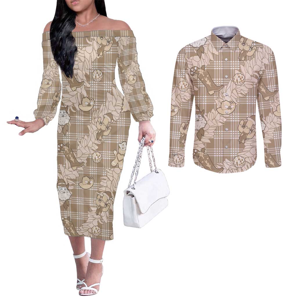 Khaki Palaka Hawaii Cowboy Christmas Couples Matching Off The Shoulder Long Sleeve Dress and Long Sleeve Button Shirt Paniolo Mix Maile Lei - Polynesian Pride