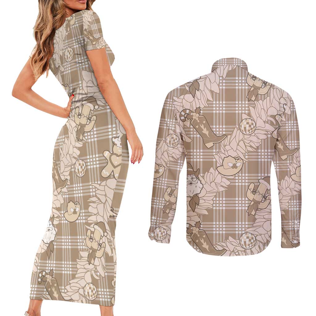 Khaki Palaka Hawaii Cowboy Christmas Couples Matching Short Sleeve Bodycon Dress and Long Sleeve Button Shirt Paniolo Mix Maile Lei - Polynesian Pride