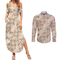 Khaki Palaka Hawaii Cowboy Christmas Couples Matching Summer Maxi Dress and Long Sleeve Button Shirt Paniolo Mix Maile Lei - Polynesian Pride