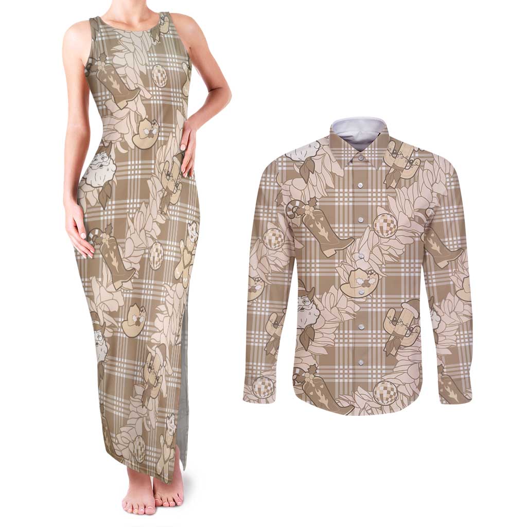 Khaki Palaka Hawaii Cowboy Christmas Couples Matching Tank Maxi Dress and Long Sleeve Button Shirt Paniolo Mix Maile Lei - Polynesian Pride