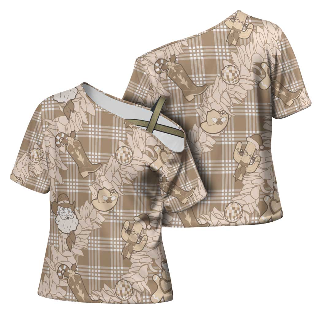 Khaki Palaka Hawaii Cowboy Christmas Cross Shoulder Shirt Paniolo Mix Maile Lei - Polynesian Pride