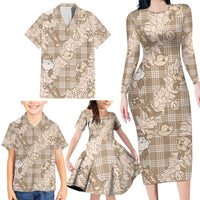 Khaki Palaka Hawaii Cowboy Christmas Family Matching Long Sleeve Bodycon Dress and Hawaiian Shirt Paniolo Mix Maile Lei - Polynesian Pride