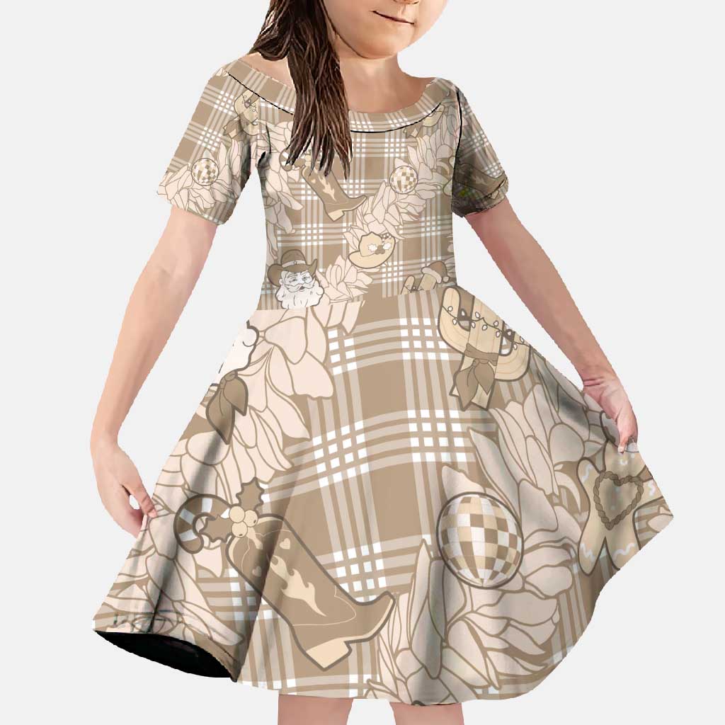 Khaki Palaka Hawaii Cowboy Christmas Family Matching Mermaid Dress and Hawaiian Shirt Paniolo Mix Maile Lei - Polynesian Pride