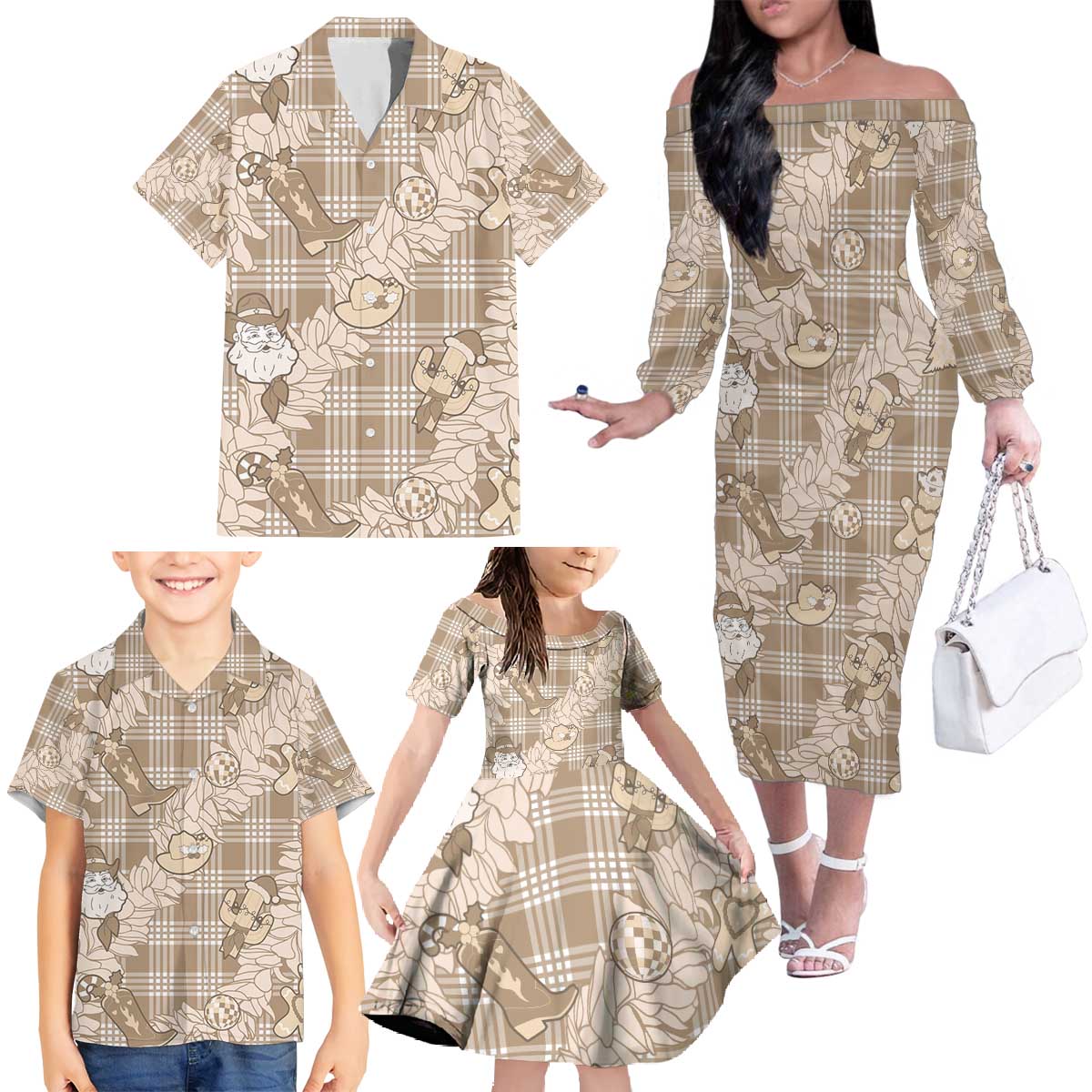Khaki Palaka Hawaii Cowboy Christmas Family Matching Off The Shoulder Long Sleeve Dress and Hawaiian Shirt Paniolo Mix Maile Lei - Polynesian Pride