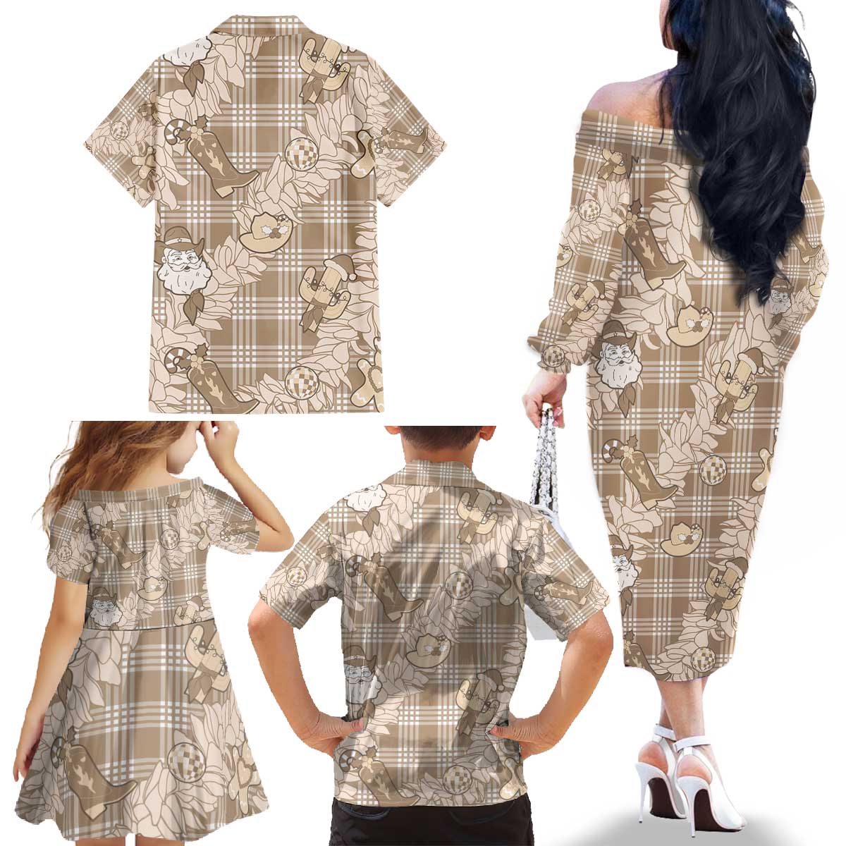Khaki Palaka Hawaii Cowboy Christmas Family Matching Off The Shoulder Long Sleeve Dress and Hawaiian Shirt Paniolo Mix Maile Lei - Polynesian Pride
