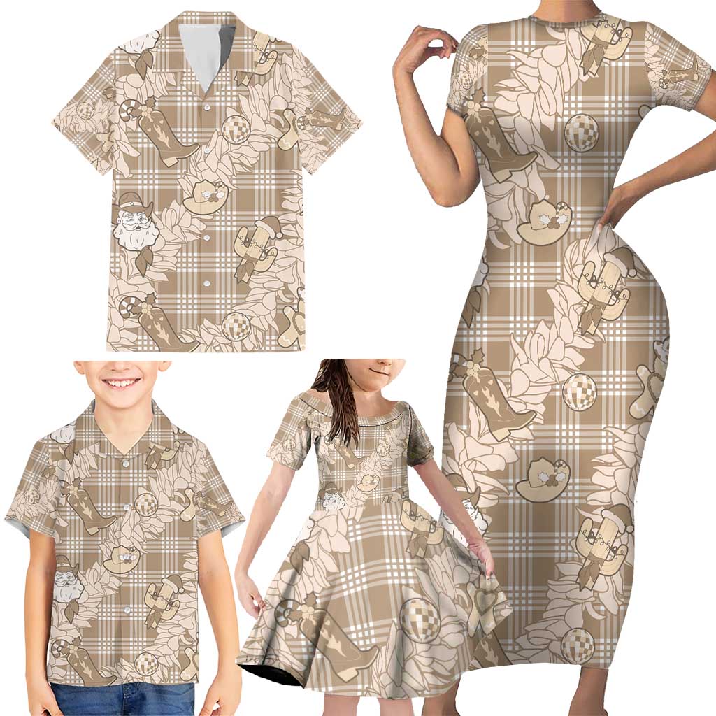 Khaki Palaka Hawaii Cowboy Christmas Family Matching Short Sleeve Bodycon Dress and Hawaiian Shirt Paniolo Mix Maile Lei - Polynesian Pride