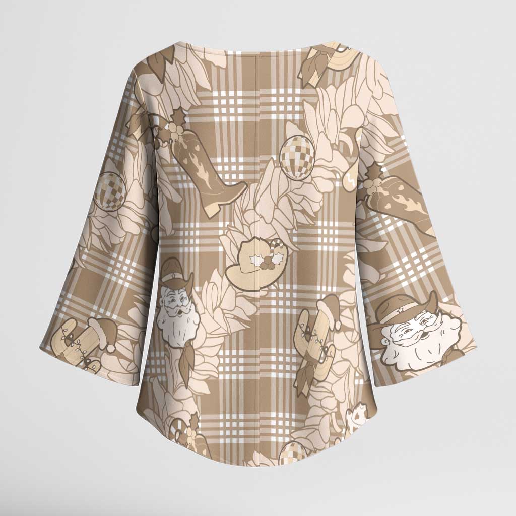 Khaki Palaka Hawaii Cowboy Christmas Kimono Sleeve Blouse Paniolo Mix Maile Lei - Polynesian Pride