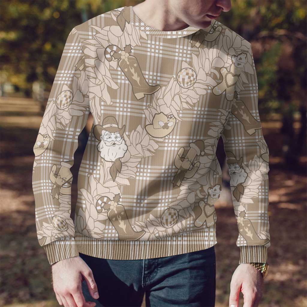 Khaki Palaka Hawaii Cowboy Christmas Ugly Christmas Sweater Paniolo Mix Maile Lei - Polynesian Pride