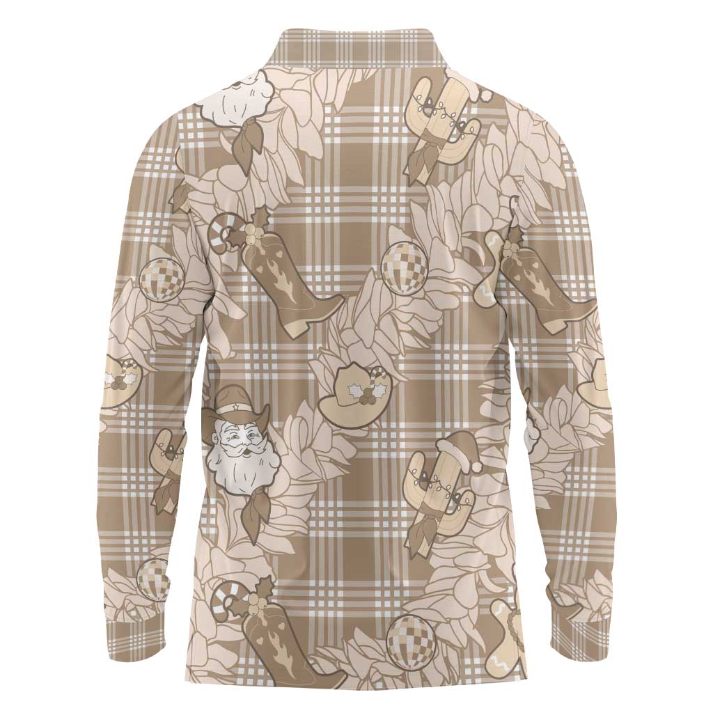 Khaki Palaka Hawaii Cowboy Christmas Long Sleeve Polo Shirt Paniolo Mix Maile Lei - Polynesian Pride