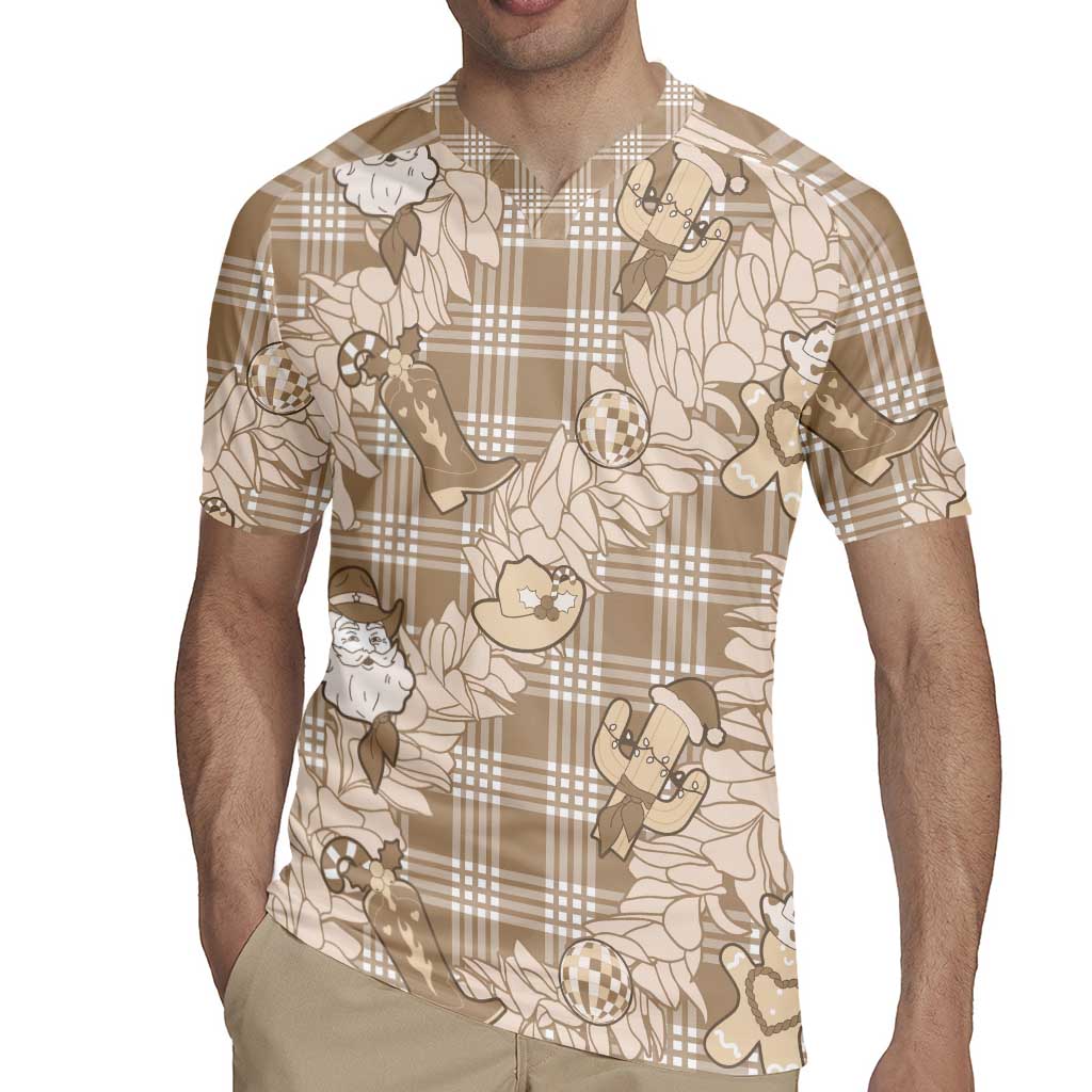 Khaki Palaka Hawaii Cowboy Christmas Rugby Jersey Paniolo Mix Maile Lei - Polynesian Pride