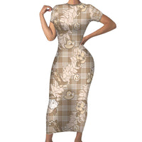Khaki Palaka Hawaii Cowboy Christmas Short Sleeve Bodycon Dress Paniolo Mix Maile Lei - Polynesian Pride