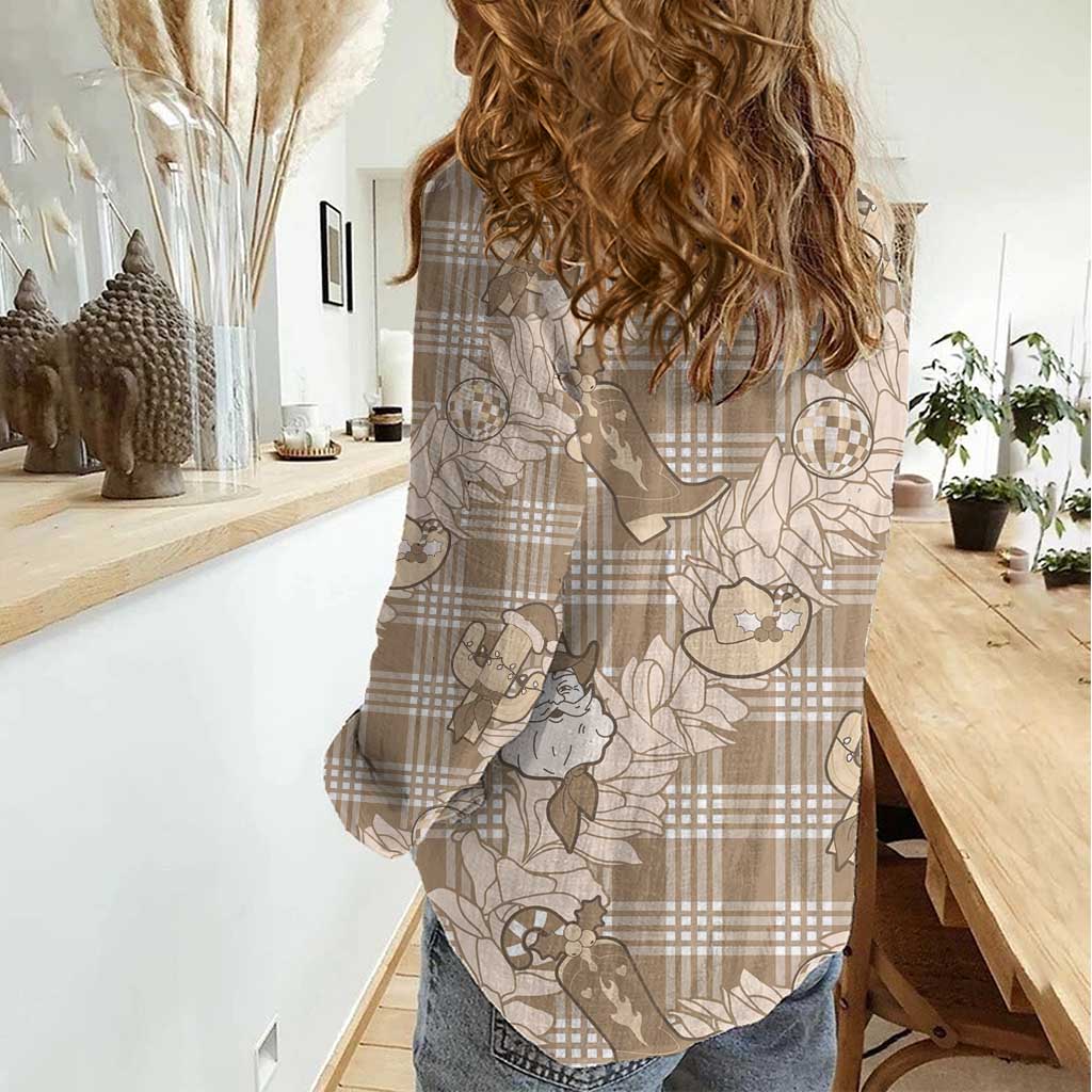 Khaki Palaka Hawaii Cowboy Christmas Women Casual Shirt Paniolo Mix Maile Lei - Polynesian Pride