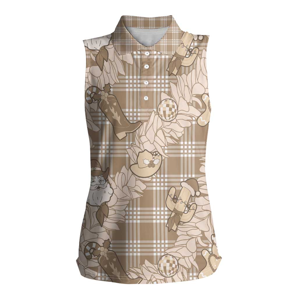 Khaki Palaka Hawaii Cowboy Christmas Women Sleeveless Polo Shirt Paniolo Mix Maile Lei - Polynesian Pride