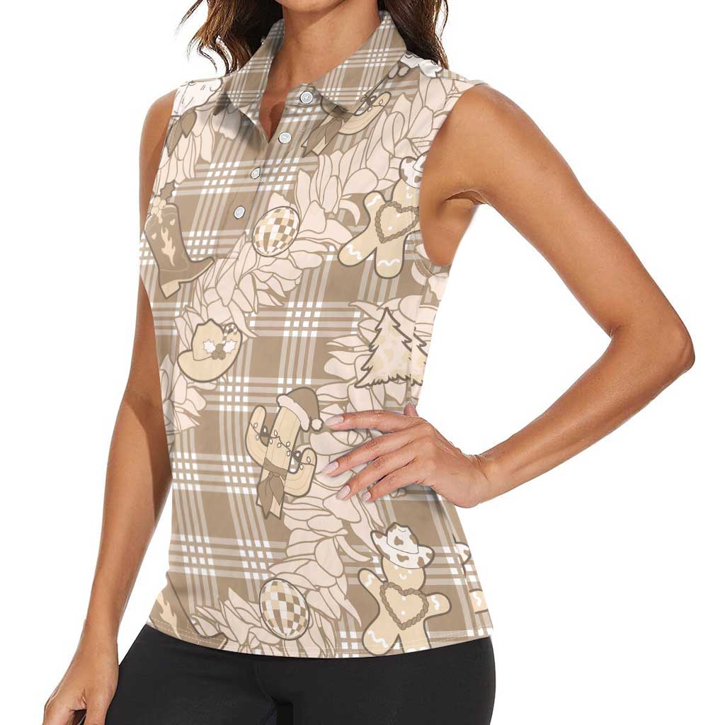 Khaki Palaka Hawaii Cowboy Christmas Women Sleeveless Polo Shirt Paniolo Mix Maile Lei - Polynesian Pride