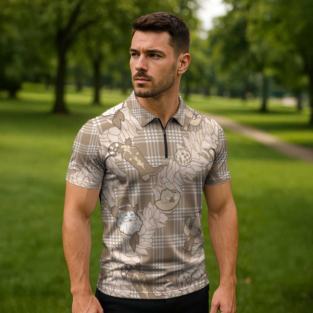 Khaki Palaka Hawaii Cowboy Christmas Zipper Polo Shirt Paniolo Mix Maile Lei - Polynesian Pride