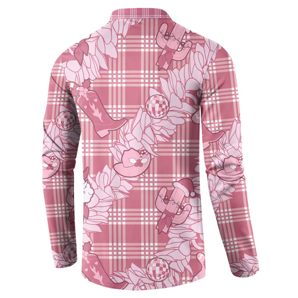 Pink Palaka Hawaii Cowboy Christmas Button Sweatshirt Paniolo Mix Maile Lei - Polynesian Pride
