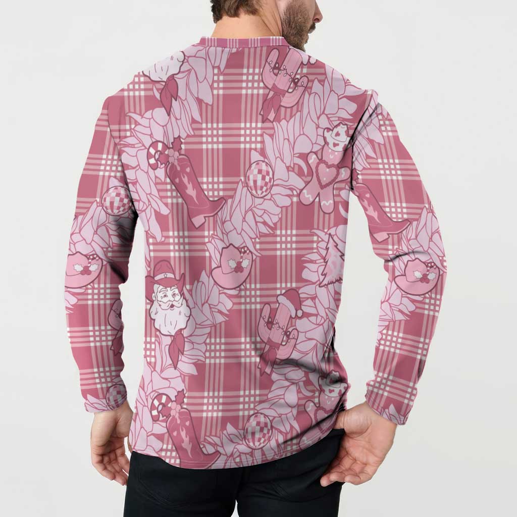 Pink Palaka Hawaii Cowboy Christmas Button Sweatshirt Paniolo Mix Maile Lei - Polynesian Pride