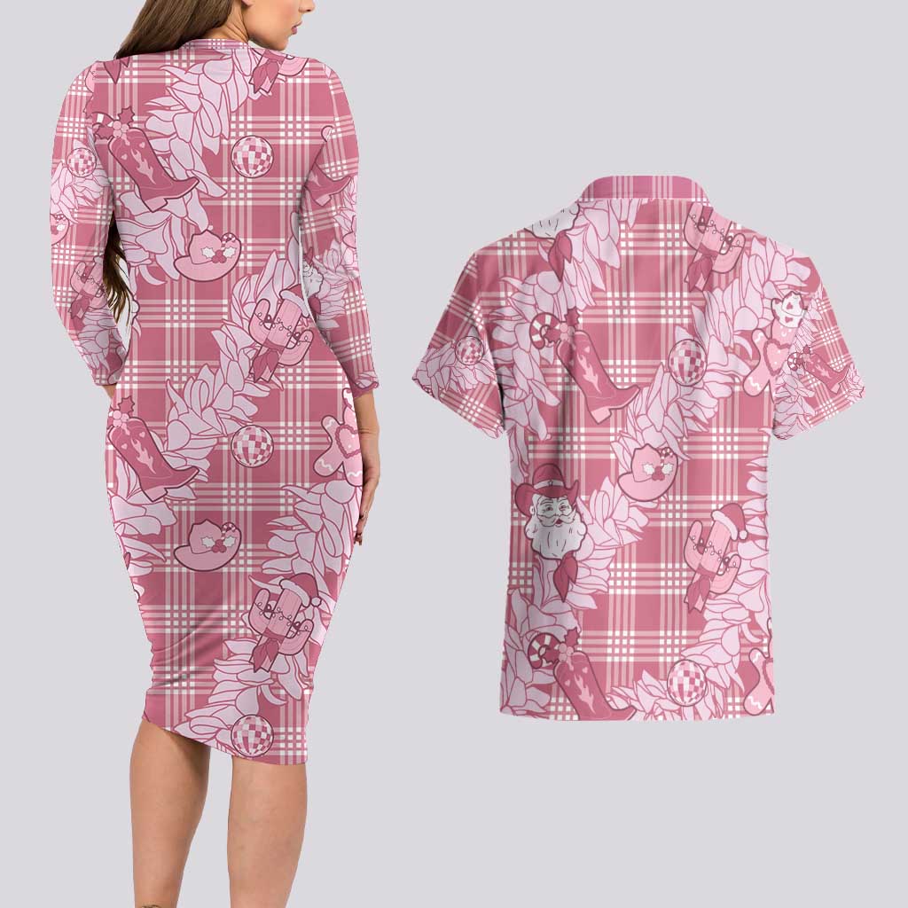 Pink Palaka Hawaii Cowboy Christmas Couples Matching Long Sleeve Bodycon Dress and Hawaiian Shirt Paniolo Mix Maile Lei - Polynesian Pride