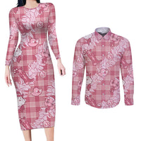 Pink Palaka Hawaii Cowboy Christmas Couples Matching Long Sleeve Bodycon Dress and Long Sleeve Button Shirt Paniolo Mix Maile Lei - Polynesian Pride
