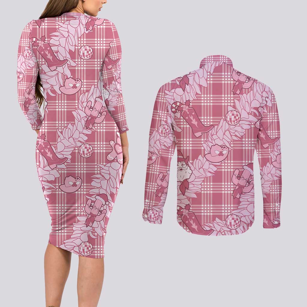 Pink Palaka Hawaii Cowboy Christmas Couples Matching Long Sleeve Bodycon Dress and Long Sleeve Button Shirt Paniolo Mix Maile Lei - Polynesian Pride