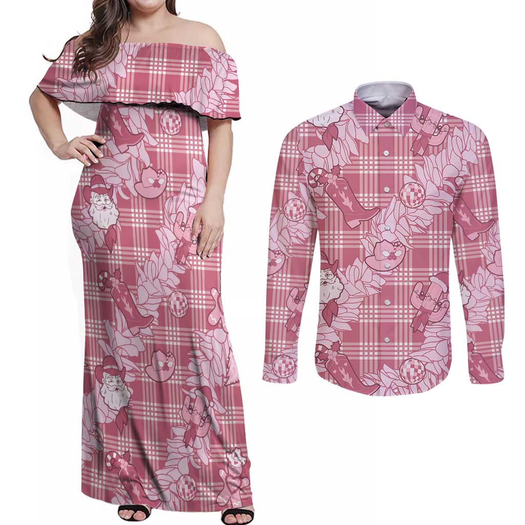 Pink Palaka Hawaii Cowboy Christmas Couples Matching Off Shoulder Maxi Dress and Long Sleeve Button Shirt Paniolo Mix Maile Lei - Polynesian Pride