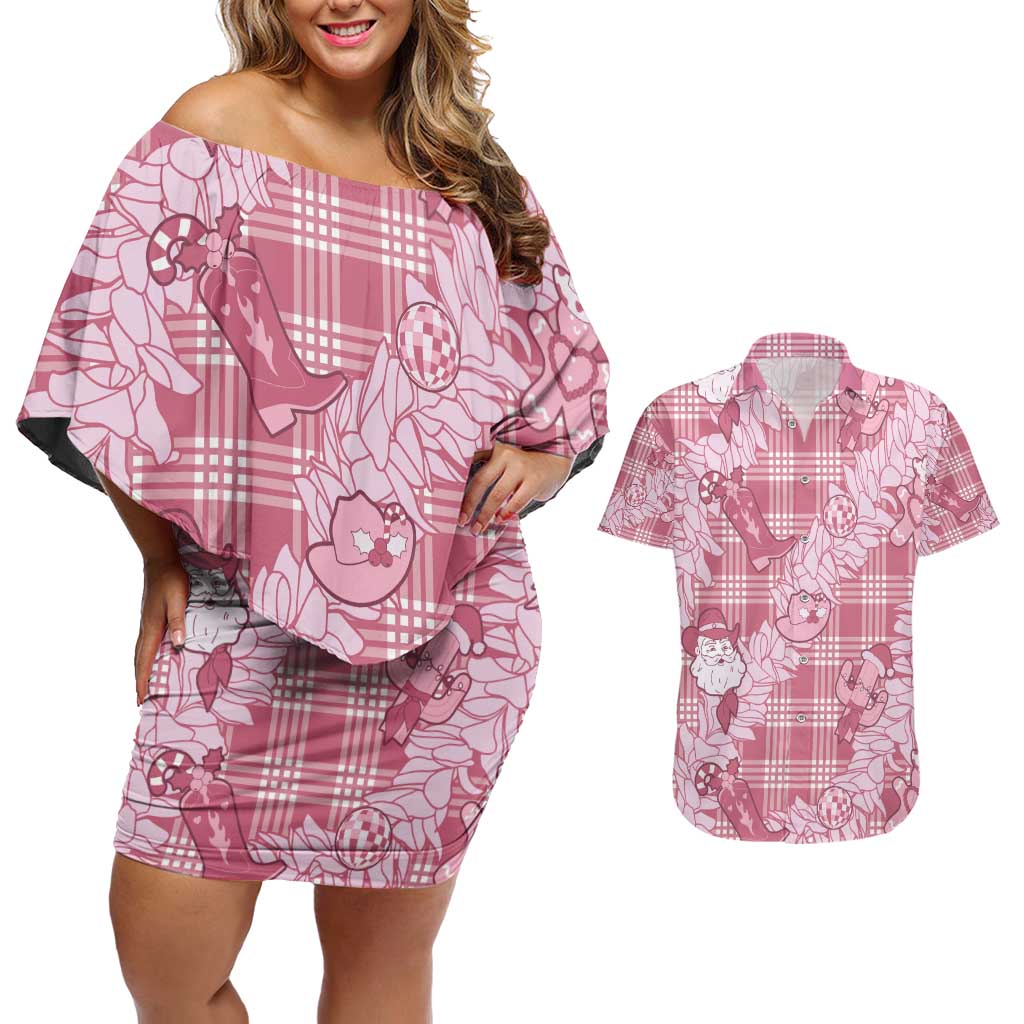 Pink Palaka Hawaii Cowboy Christmas Couples Matching Off Shoulder Short Dress and Hawaiian Shirt Paniolo Mix Maile Lei - Polynesian Pride