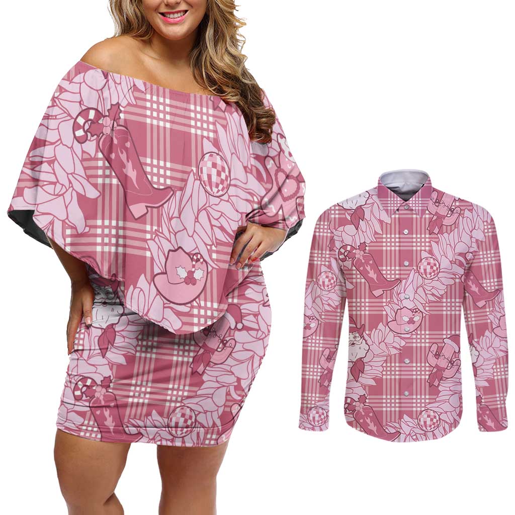 Pink Palaka Hawaii Cowboy Christmas Couples Matching Off Shoulder Short Dress and Long Sleeve Button Shirt Paniolo Mix Maile Lei - Polynesian Pride