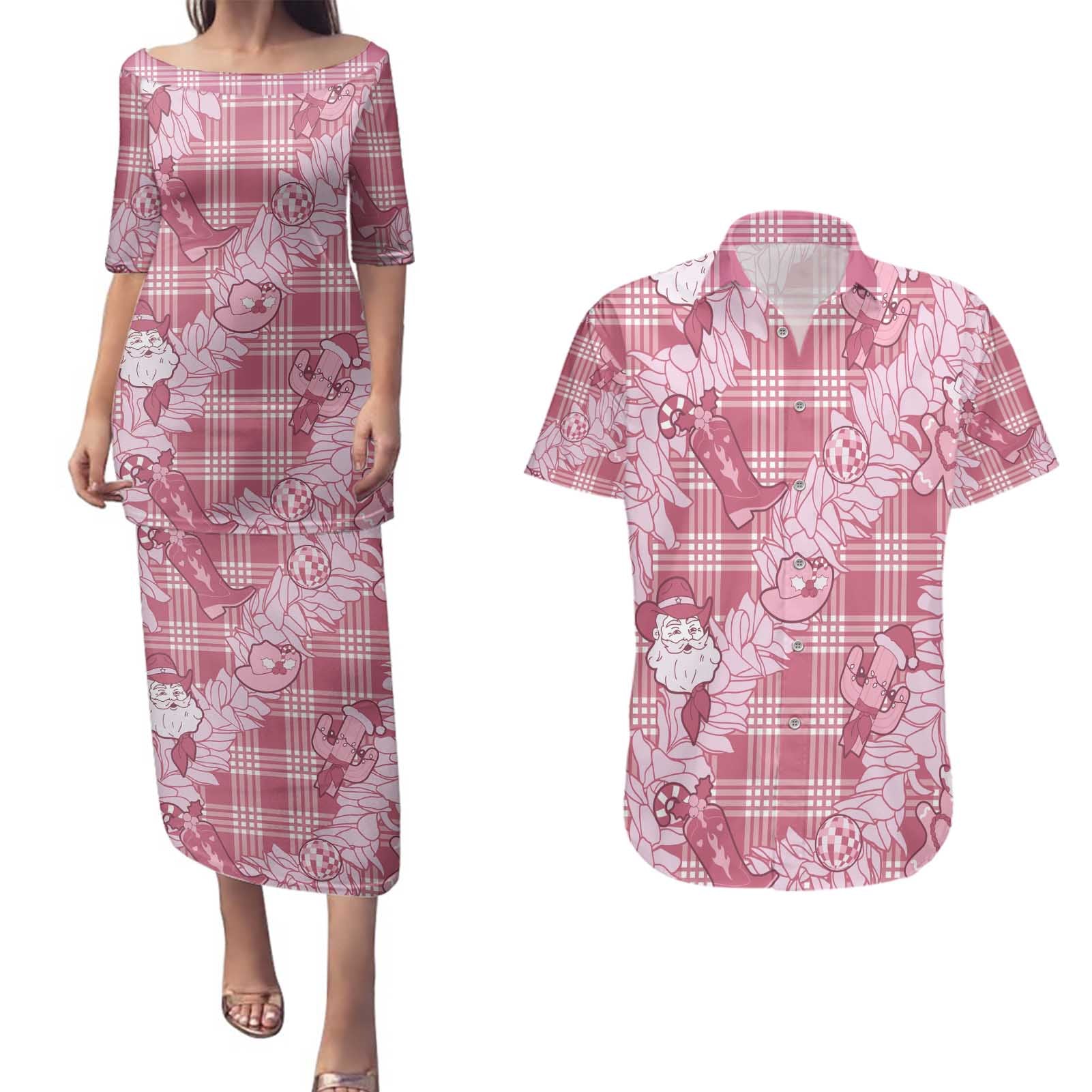 Pink Palaka Hawaii Cowboy Christmas Couples Matching Puletasi and Hawaiian Shirt Paniolo Mix Maile Lei - Polynesian Pride